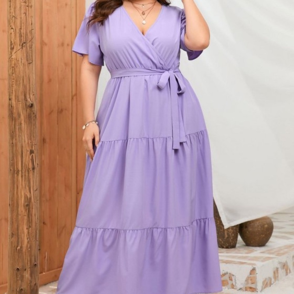Lilac Flutter-Sleeve Maxi Dress with Waist Tie